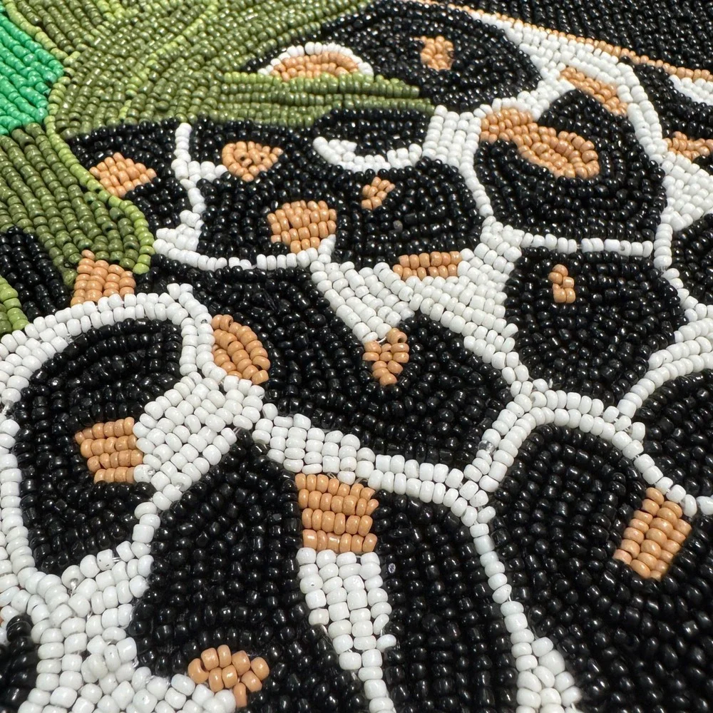 Beaded Necklace Scarf Accessory Black Pineapple Leopard Print Handcrafted